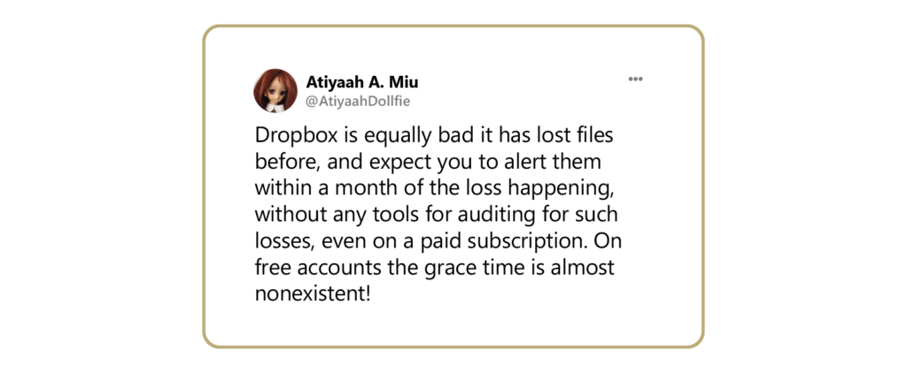 关于Dropbox丢失客户文件的推文。