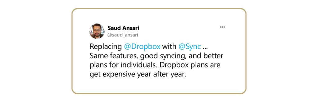 一条关于用Sync取代Dropbox并以更优惠的价格获得相同功能的推文。
